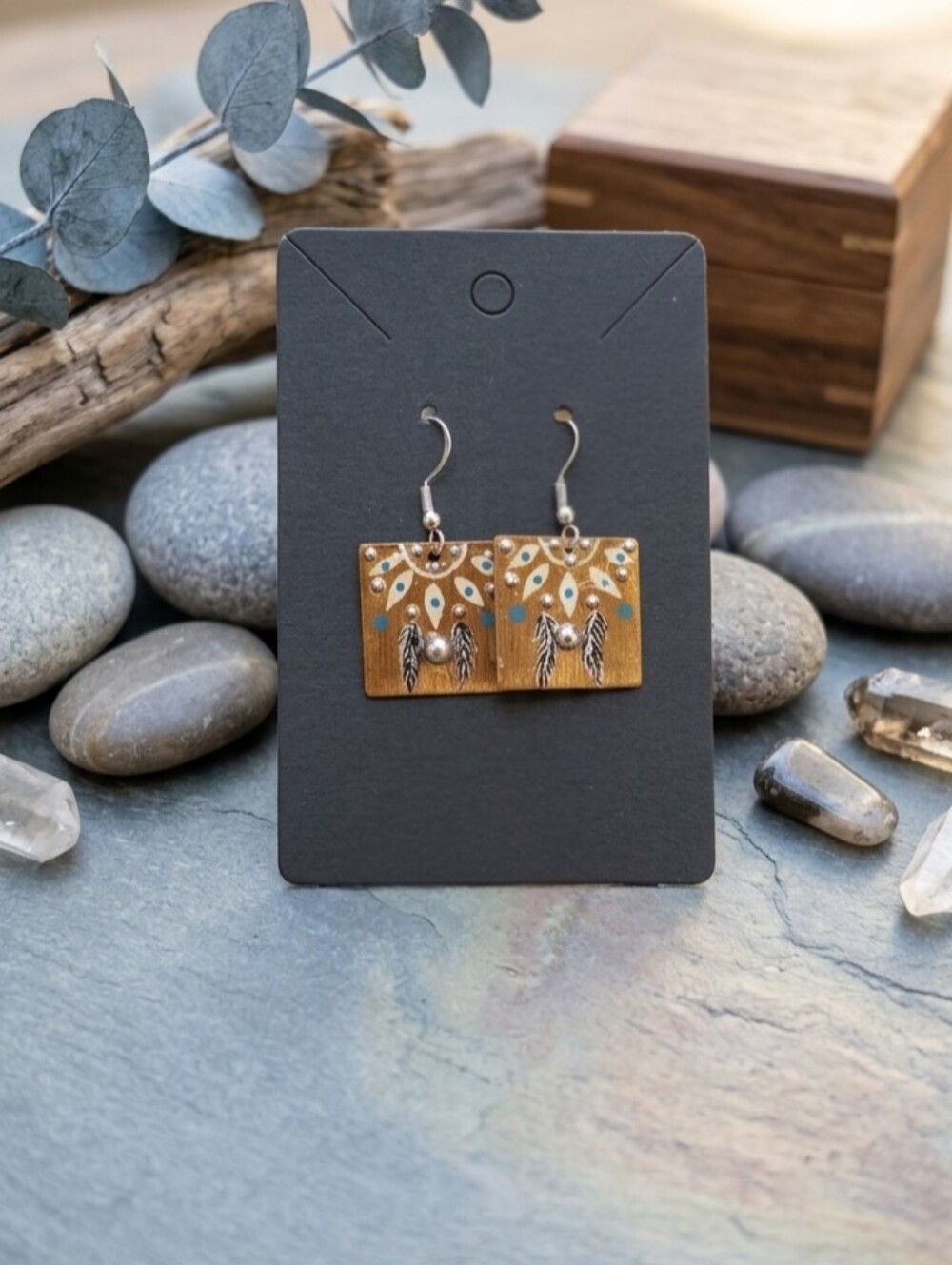 Handpainted Square Drop Earrings with Feather - Amber & Teal